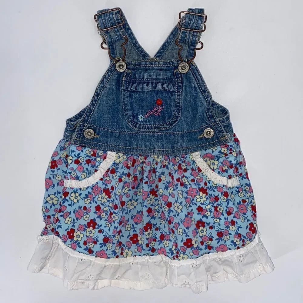 OshKosh B’gosh Denim Overall Dress Floral Print 9 Months Old